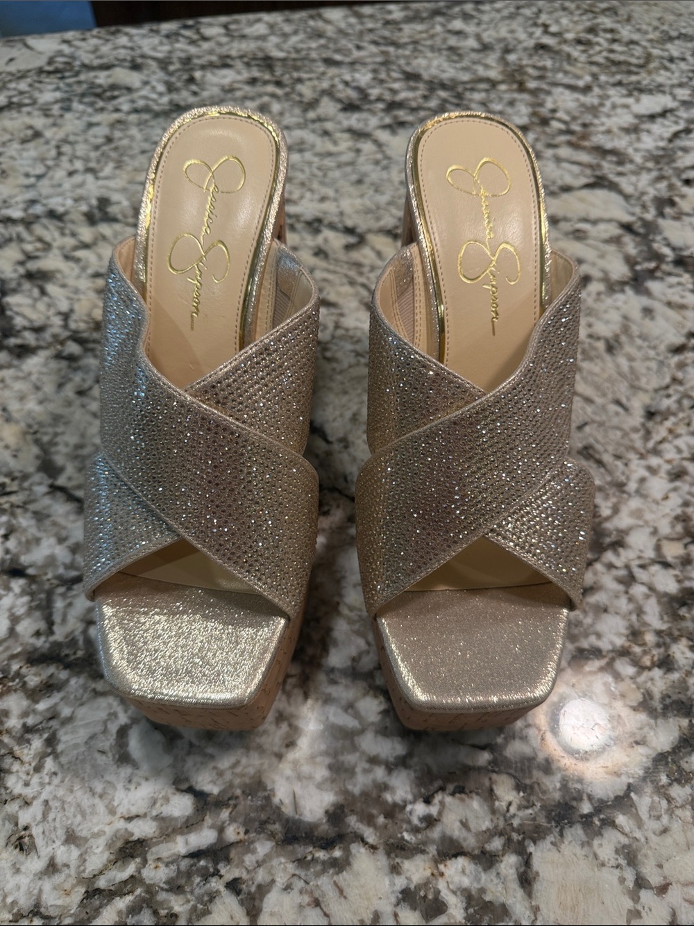 Jessica Simpson Metallic Gold Glitter Crisscross Mules